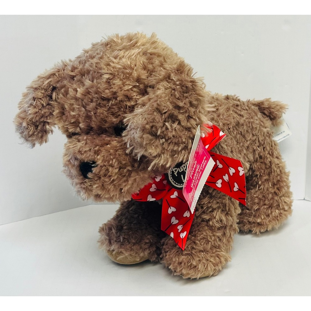 Way to Celebrate Valentines Day Brown Shaggy Puppy Dog Plush Puppy Love Bow NEW